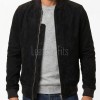 Men Black Suede Bomber Jacket - Premium Classic MA1 Flight Aviator Coat Ribbed Knit Trim Quilted Wind Flap Sleek Soft Genuine Outerwear