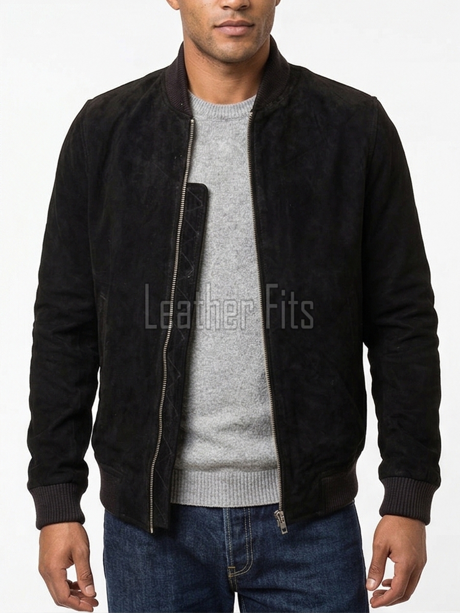 Men Black Suede Bomber Jacket - Premium Classic MA1 Flight Aviator Coat Ribbed Knit Trim Quilted Wind Flap Sleek Soft Genuine Outerwear