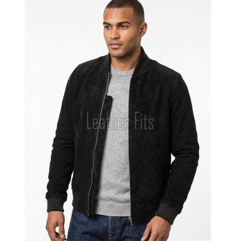 Men Black Suede Bomber Jacket - Premium Classic MA1 Flight Aviator Coat Ribbed Knit Trim Quilted Wind Flap Sleek Soft Genuine Outerwear