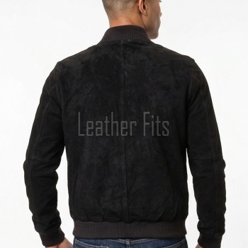 Men Black Suede Bomber Jacket - Premium Classic MA1 Flight Aviator Coat Ribbed Knit Trim Quilted Wind Flap Sleek Soft Genuine Outerwear