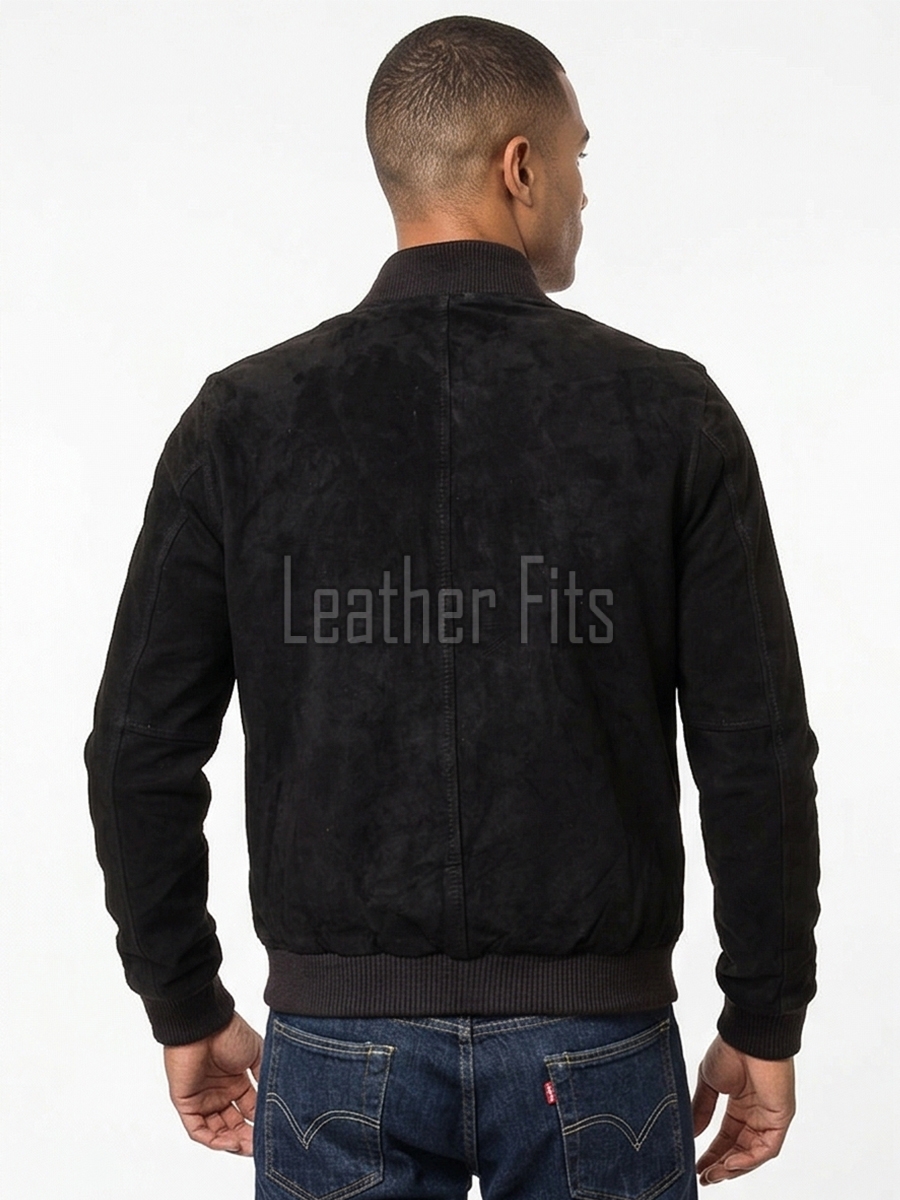 Men Black Suede Bomber Jacket - Premium Classic MA1 Flight Aviator Coat Ribbed Knit Trim Quilted Wind Flap Sleek Soft Genuine Outerwear