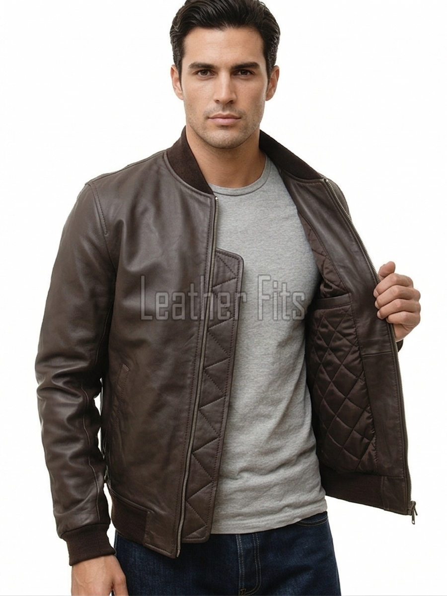 Men Brown Leather Bomber Jacket - Premium Classic MA1 Flight Aviator Coat Ribbed Knit Trim Minimalist Sleek Genuine Casual Outerwear