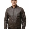 Men Brown Leather Bomber Jacket - Premium Classic MA1 Flight Aviator Coat Ribbed Knit Trim Minimalist Sleek Genuine Casual Outerwear