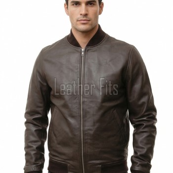 Men Brown Leather Bomber Jacket - Premium Classic MA1 Flight Aviator Coat Ribbed Knit Trim Minimalist Sleek Genuine Casual Outerwear