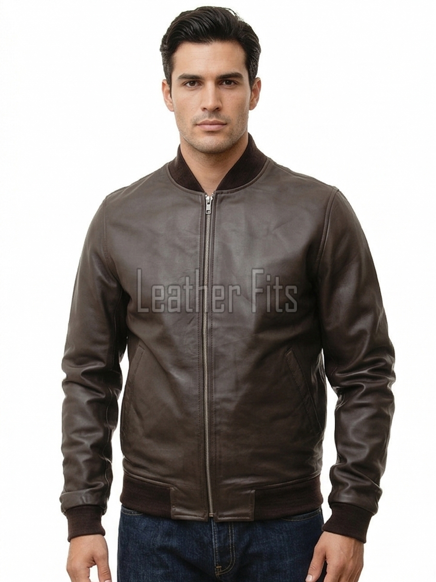 Men Brown Leather Bomber Jacket - Premium Classic MA1 Flight Aviator Coat Ribbed Knit Trim Minimalist Sleek Genuine Casual Outerwear