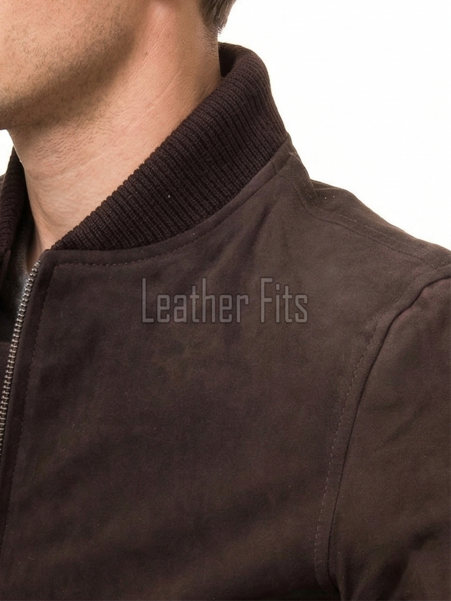 Men Brown Suede Bomber Jacket - Premium Classic MA1 Flight Aviator Coat Ribbed Knit Trim Quilted Wind Flap Sleek Soft Genuine Outerwear