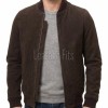 Men Brown Suede Bomber Jacket - Premium Classic MA1 Flight Aviator Coat Ribbed Knit Trim Quilted Wind Flap Sleek Soft Genuine Outerwear