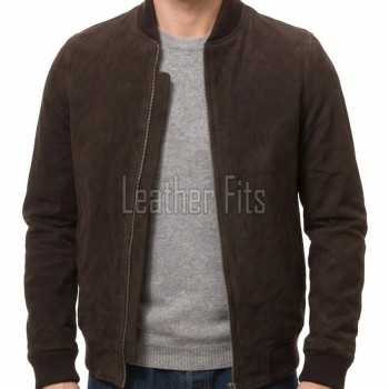 Men Brown Suede Bomber Jacket - Premium Classic MA1 Flight Aviator Coat Ribbed Knit Trim Quilted Wind Flap Sleek Soft Genuine Outerwear