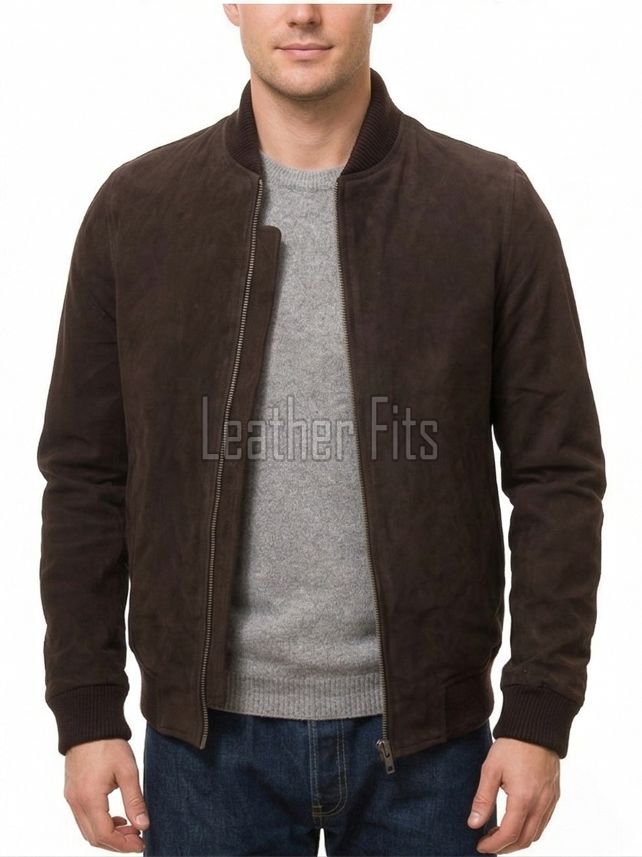 Men Brown Suede Bomber Jacket - Premium Classic MA1 Flight Aviator Coat Ribbed Knit Trim Quilted Wind Flap Sleek Soft Genuine Outerwear
