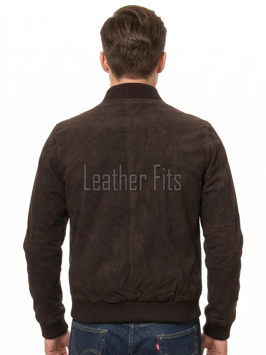 Men Brown Suede Bomber Jacket - Premium Classic MA1 Flight Aviator Coat Ribbed Knit Trim Quilted Wind Flap Sleek Soft Genuine Outerwear