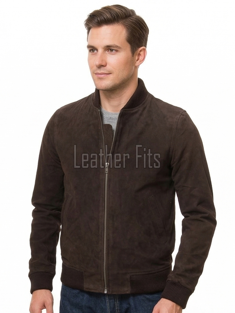 Men Brown Suede Bomber Jacket - Premium Classic MA1 Flight Aviator Coat Ribbed Knit Trim Quilted Wind Flap Sleek Soft Genuine Outerwear