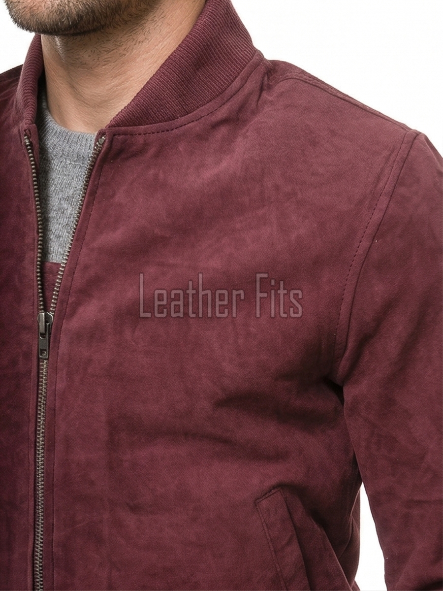 Men Burgundy Suede Bomber Jacket - Premium Classic MA1 Flight Aviator Coat Ribbed Knit Trim Quilted Wind Flap Sleek Wine Genuine Outerwear