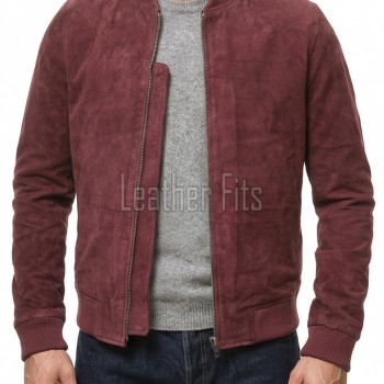 Men Burgundy Suede Bomber Jacket - Premium Classic MA1 Flight Aviator Coat Ribbed Knit Trim Quilted Wind Flap Sleek Wine Genuine Outerwear