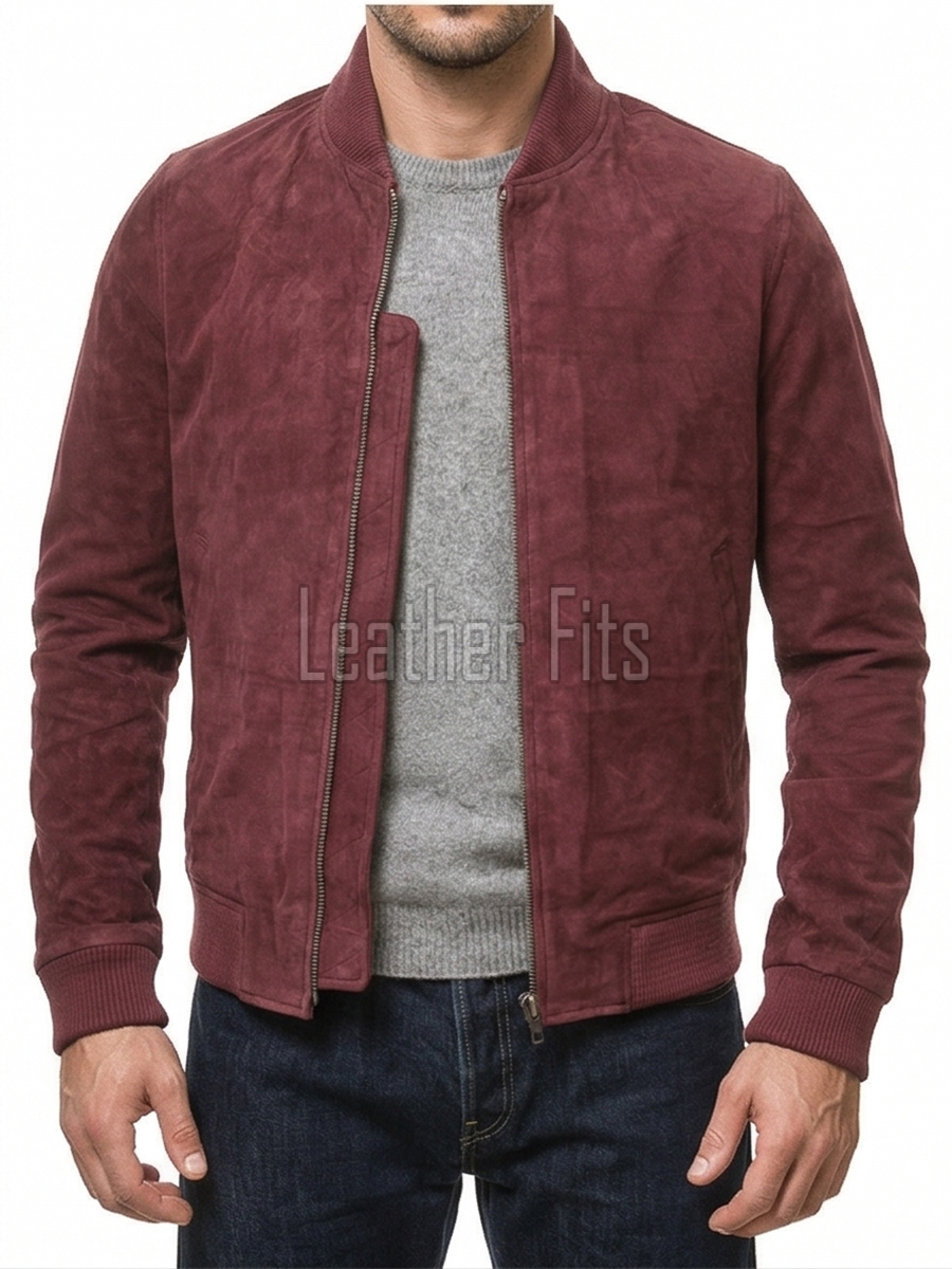Men Burgundy Suede Bomber Jacket - Premium Classic MA1 Flight Aviator Coat Ribbed Knit Trim Quilted Wind Flap Sleek Wine Genuine Outerwear