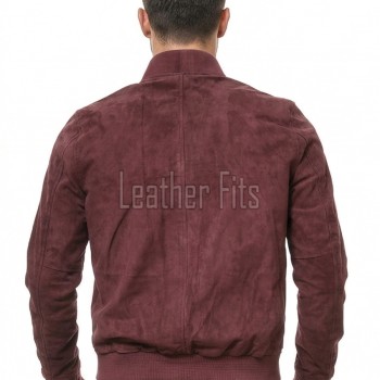 Men Burgundy Suede Bomber Jacket - Premium Classic MA1 Flight Aviator Coat Ribbed Knit Trim Quilted Wind Flap Sleek Wine Genuine Outerwear