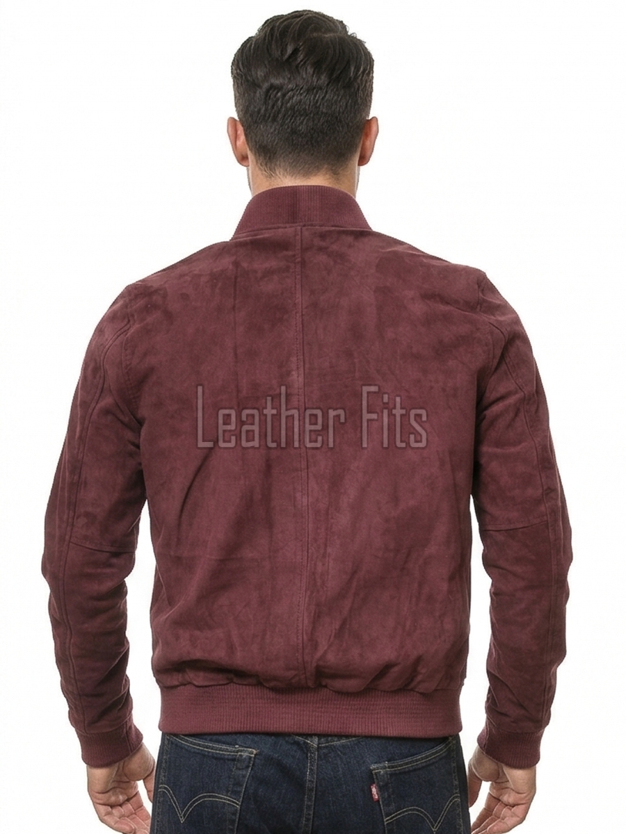 Men Burgundy Suede Bomber Jacket - Premium Classic MA1 Flight Aviator Coat Ribbed Knit Trim Quilted Wind Flap Sleek Wine Genuine Outerwear