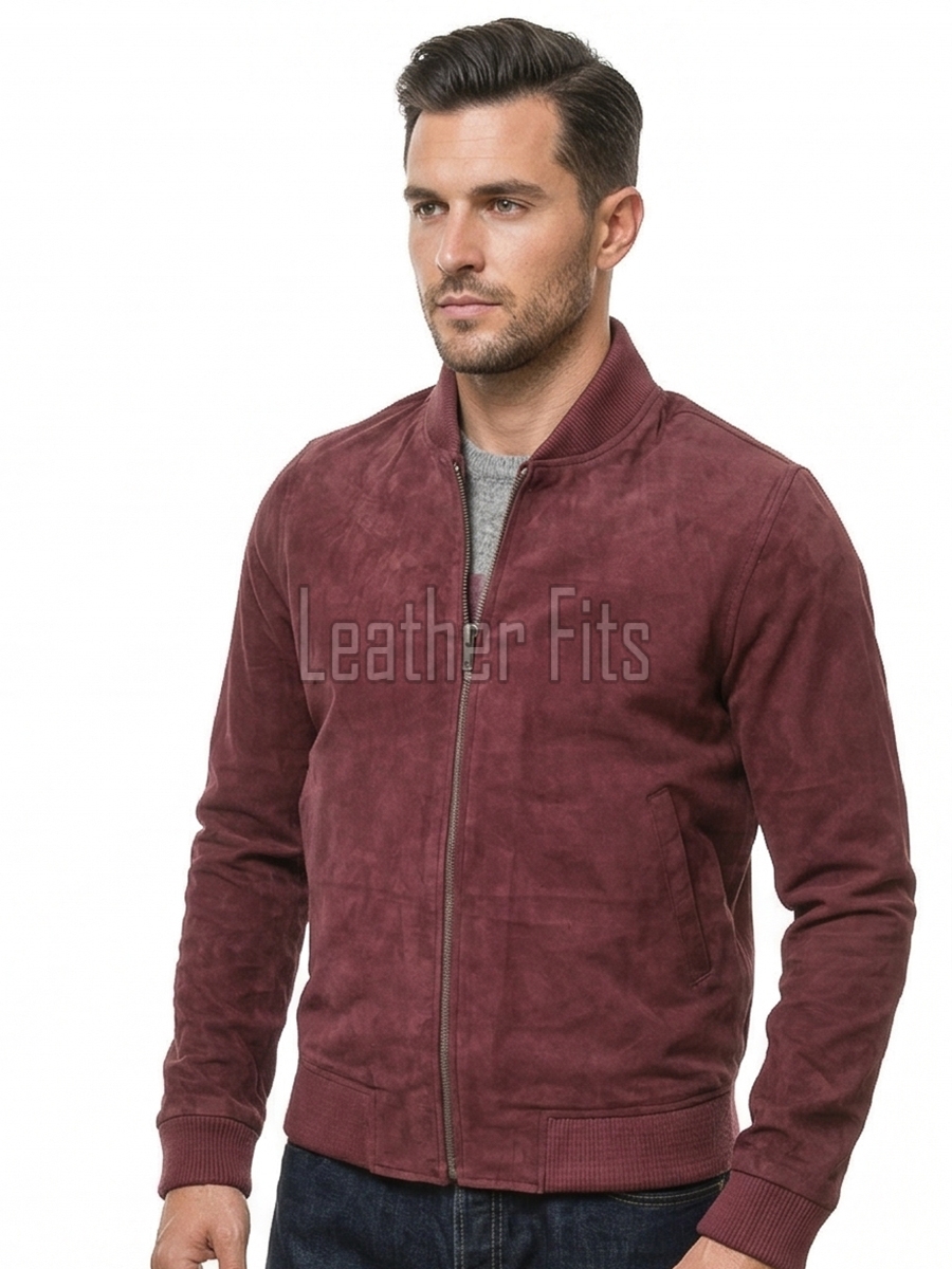 Men Burgundy Suede Bomber Jacket - Premium Classic MA1 Flight Aviator Coat Ribbed Knit Trim Quilted Wind Flap Sleek Wine Genuine Outerwear