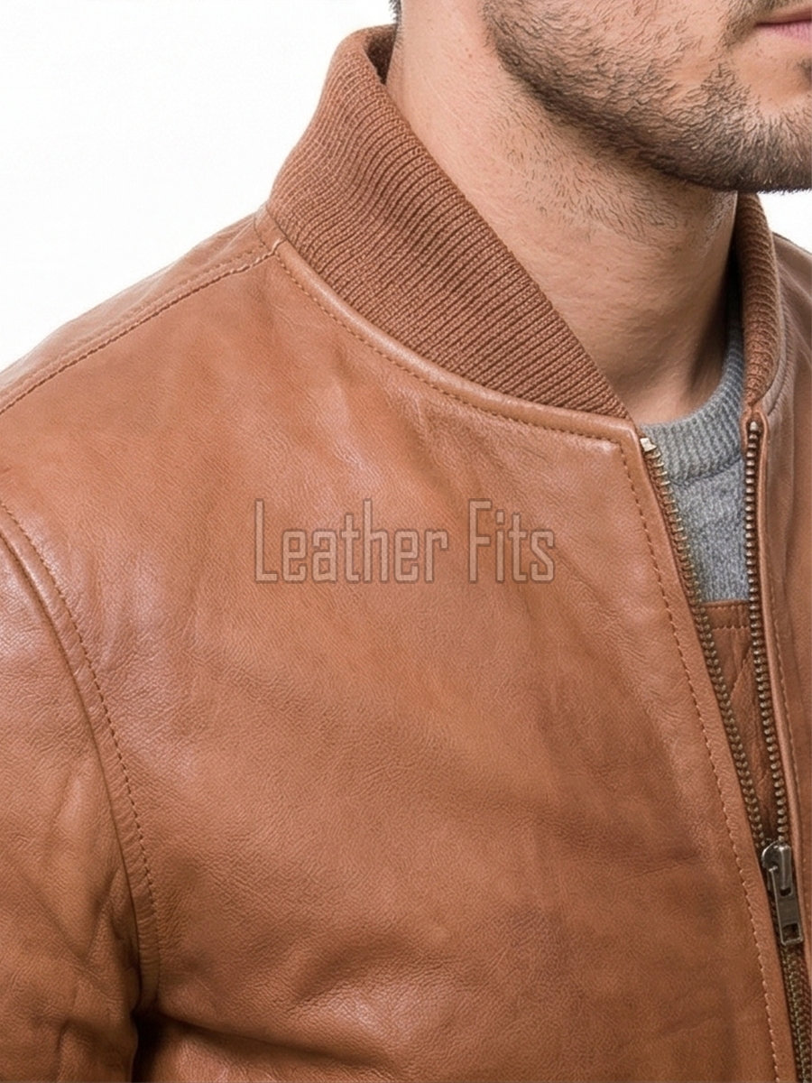 Men Camel Tan Leather Bomber Jacket | Genuine Cowhide MA1 Aviator Flight Coat | Luxury Ribbed Knit Trim & Quilted Internal Storm Flap