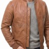 Men Camel Tan Leather Bomber Jacket | Genuine Cowhide MA1 Aviator Flight Coat | Luxury Ribbed Knit Trim & Quilted Internal Storm Flap