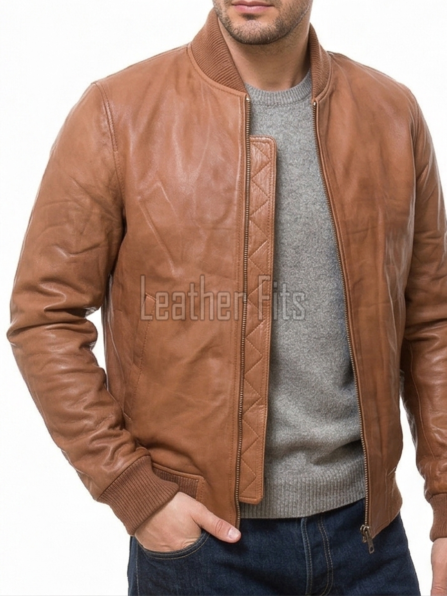 Men Camel Tan Leather Bomber Jacket | Genuine Cowhide MA1 Aviator Flight Coat | Luxury Ribbed Knit Trim & Quilted Internal Storm Flap