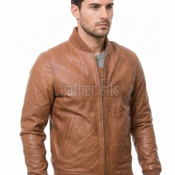 Men Camel Tan Leather Bomber Jacket | Genuine Cowhide MA1 Aviator Flight Coat | Luxury Ribbed Knit Trim & Quilted Internal Storm Flap