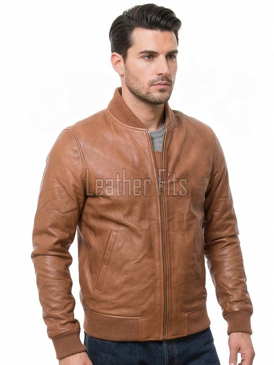 Men Camel Tan Leather Bomber Jacket | Genuine Cowhide MA1 Aviator Flight Coat | Luxury Ribbed Knit Trim & Quilted Internal Storm Flap