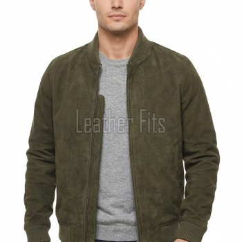 Men Olive Green Suede Bomber Jacket | Premium Khaki Aviator Flight Coat | Tailored Ribbed Trim & High-Density Quilted Storm Guard