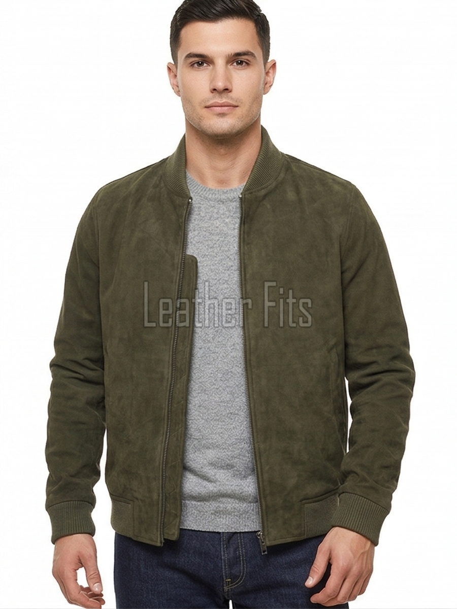Men Olive Green Suede Bomber Jacket | Premium Khaki Aviator Flight Coat | Tailored Ribbed Trim & High-Density Quilted Storm Guard