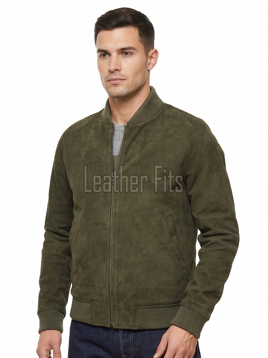 Men Olive Green Suede Bomber Jacket | Premium Khaki Aviator Flight Coat | Tailored Ribbed Trim & High-Density Quilted Storm Guard