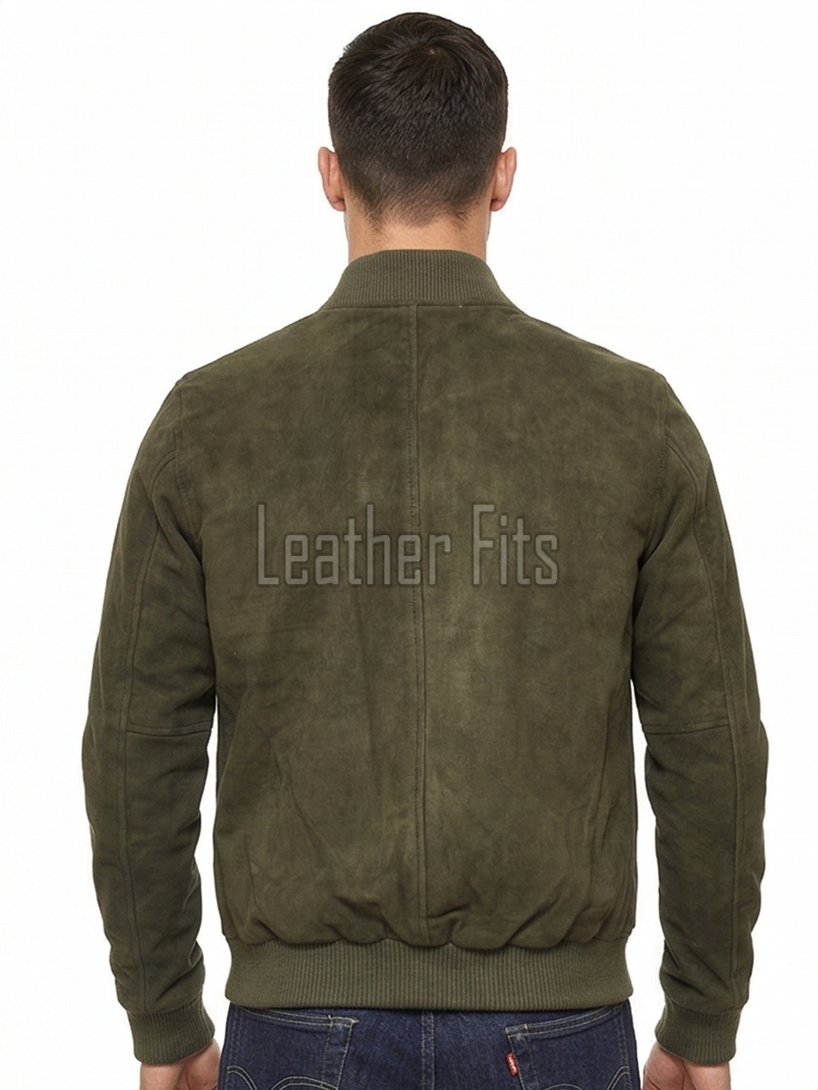 Men Olive Green Suede Bomber Jacket | Premium Khaki Aviator Flight Coat | Tailored Ribbed Trim & High-Density Quilted Storm Guard