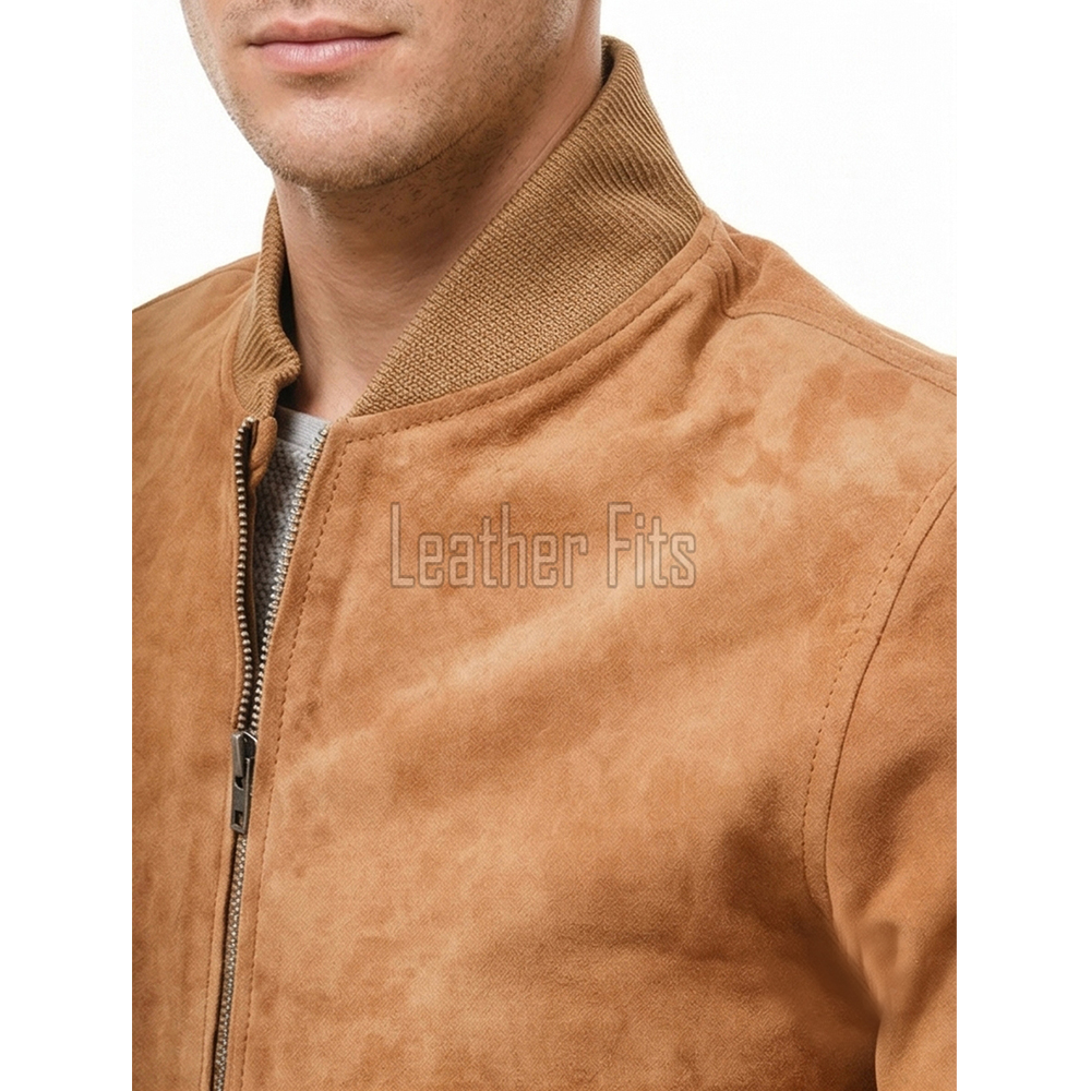 Men Mustard Tan Suede Bomber Jacket - Luxury Genuine Suede Blouson Varsity Pilot Coat with Ribbed Trim & Diamond-Quilted Inner Storm Flap