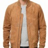 Men Mustard Tan Suede Bomber Jacket - Luxury Genuine Suede Blouson Varsity Pilot Coat with Ribbed Trim & Diamond-Quilted Inner Storm Flap