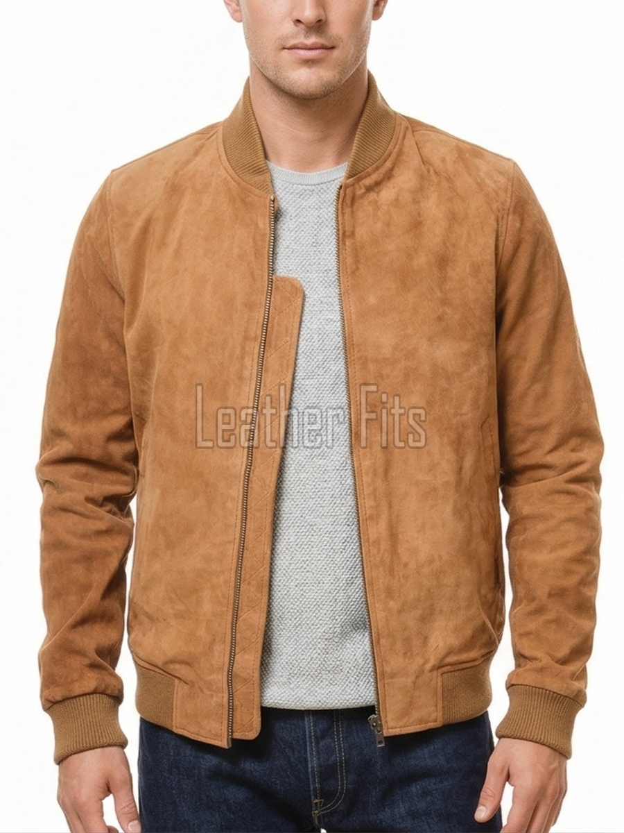 Men Mustard Tan Suede Bomber Jacket - Luxury Genuine Suede Blouson Varsity Pilot Coat with Ribbed Trim & Diamond-Quilted Inner Storm Flap