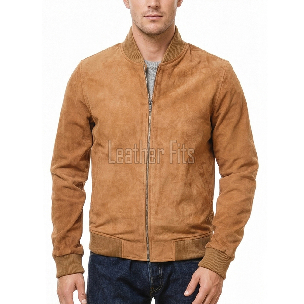 Men Mustard Tan Suede Bomber Jacket - Luxury Genuine Suede Blouson Varsity Pilot Coat with Ribbed Trim & Diamond-Quilted Inner Storm Flap