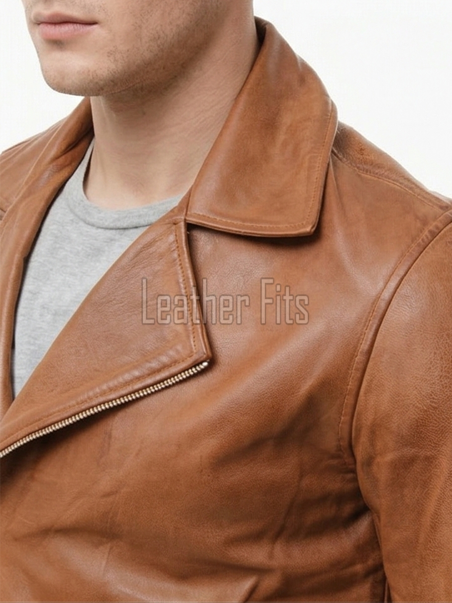 Men Cognac Tan Leather Rider Jacket | Premium Genuine Cowhide Asymmetric Zipper Coat | Tailored Classic Lapel Collar Sleek Urban Outerwear