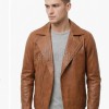 Men Cognac Tan Leather Rider Jacket | Premium Genuine Cowhide Asymmetric Zipper Coat | Tailored Classic Lapel Collar Sleek Urban Outerwear