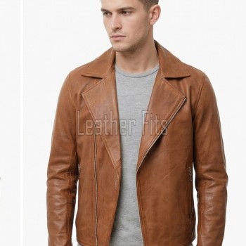 Men Cognac Tan Leather Rider Jacket | Premium Genuine Cowhide Asymmetric Zipper Coat | Tailored Classic Lapel Collar Sleek Urban Outerwear