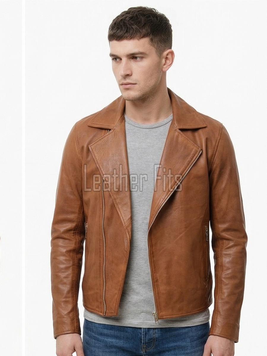 Men Cognac Tan Leather Rider Jacket | Premium Genuine Cowhide Asymmetric Zipper Coat | Tailored Classic Lapel Collar Sleek Urban Outerwear