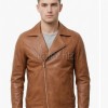 Men Cognac Tan Leather Rider Jacket | Premium Genuine Cowhide Asymmetric Zipper Coat | Tailored Classic Lapel Collar Sleek Urban Outerwear