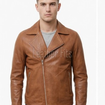 Men Cognac Tan Leather Rider Jacket | Premium Genuine Cowhide Asymmetric Zipper Coat | Tailored Classic Lapel Collar Sleek Urban Outerwear