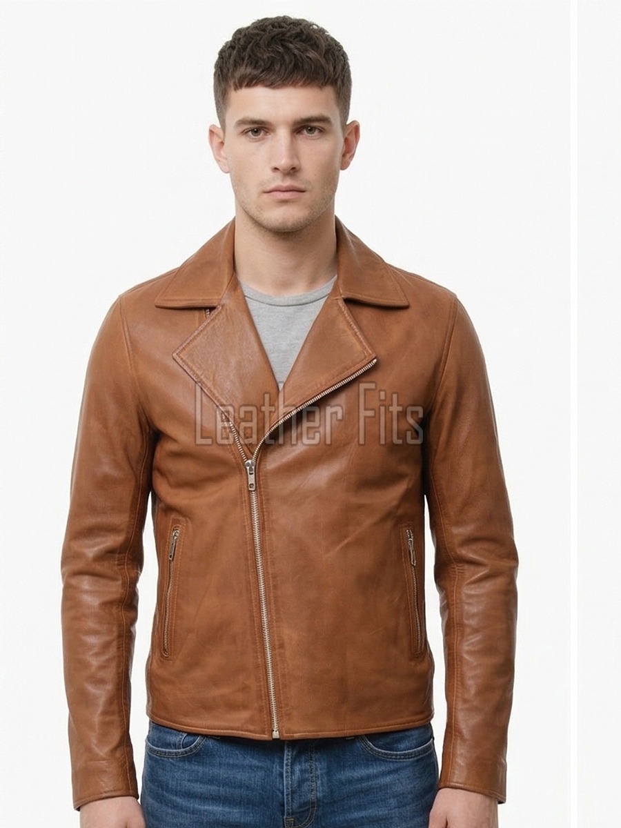 Men Cognac Tan Leather Rider Jacket | Premium Genuine Cowhide Asymmetric Zipper Coat | Tailored Classic Lapel Collar Sleek Urban Outerwear