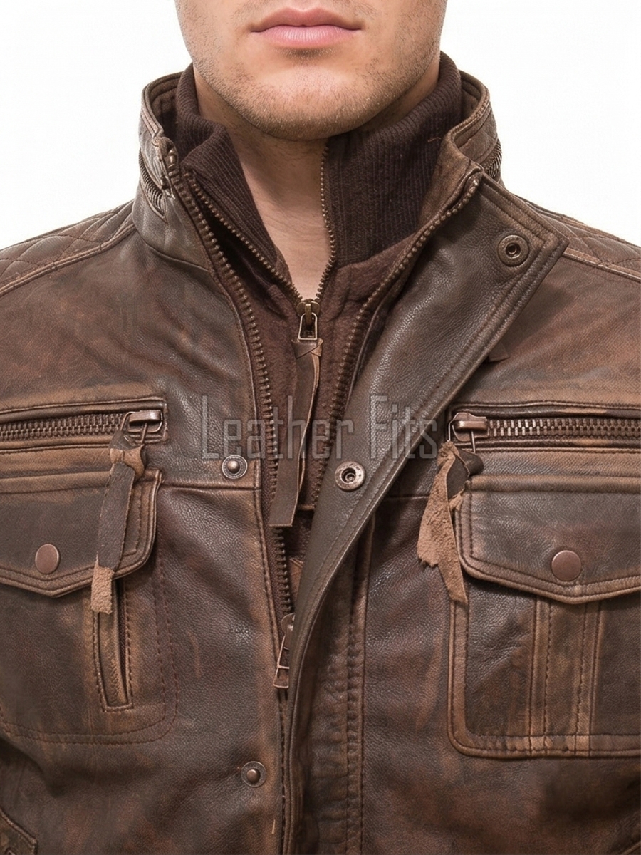 Men Distressed Brown Leather Jacket | Vintage Cowhide Tactical Utility Field Coat | Premium Multi Pocket Field Outerwear Quilted Shoulders