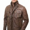 Men Distressed Brown Leather Jacket | Vintage Cowhide Tactical Utility Field Coat | Premium Multi Pocket Field Outerwear Quilted Shoulders