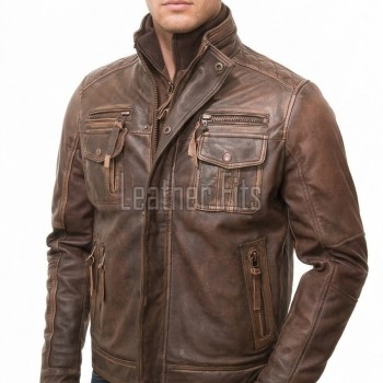 Men Distressed Brown Leather Jacket | Vintage Cowhide Tactical Utility Field Coat | Premium Multi Pocket Field Outerwear Quilted Shoulders
