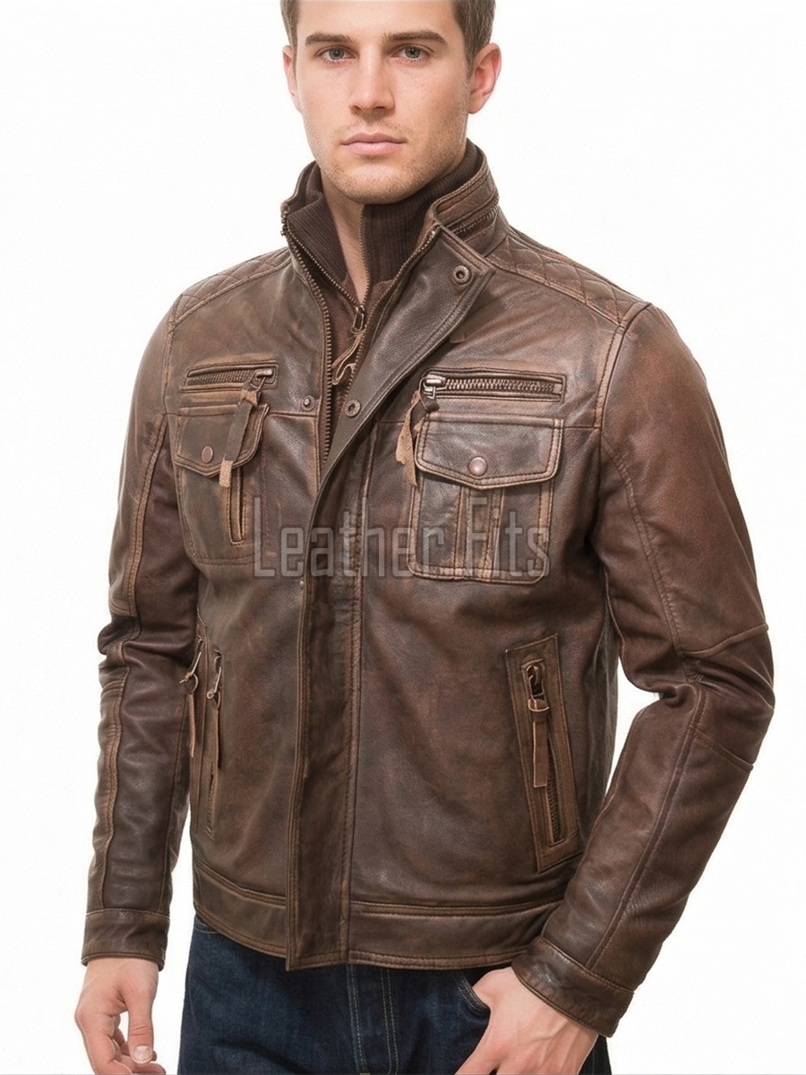 Men Distressed Brown Leather Jacket | Vintage Cowhide Tactical Utility Field Coat | Premium Multi Pocket Field Outerwear Quilted Shoulders