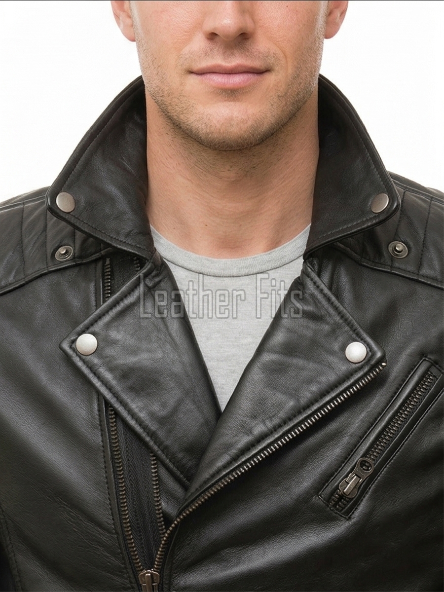 Men Black Leather Biker Jacket | Genuine Sheepskin Asymmetric Motorcycle Coat | Premium Quilted Shoulder Slanted Zipper Urban Rider Shell