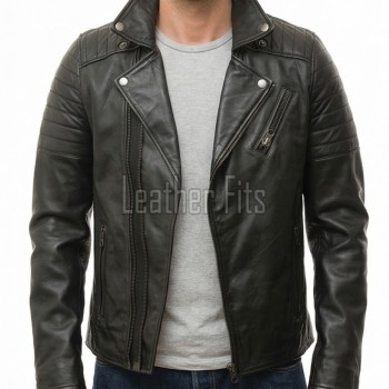 Men Black Leather Biker Jacket | Genuine Sheepskin Asymmetric Motorcycle Coat | Premium Quilted Shoulder Slanted Zipper Urban Rider Shell