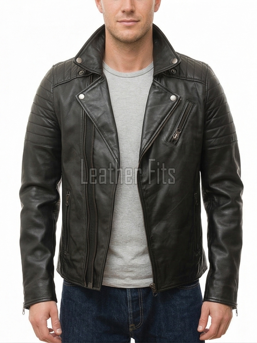 Men Black Leather Biker Jacket | Genuine Sheepskin Asymmetric Motorcycle Coat | Premium Quilted Shoulder Slanted Zipper Urban Rider Shell