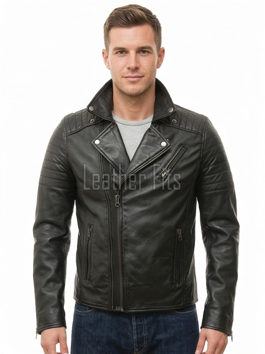 Men Black Leather Biker Jacket | Genuine Sheepskin Asymmetric Motorcycle Coat | Premium Quilted Shoulder Slanted Zipper Urban Rider Shell