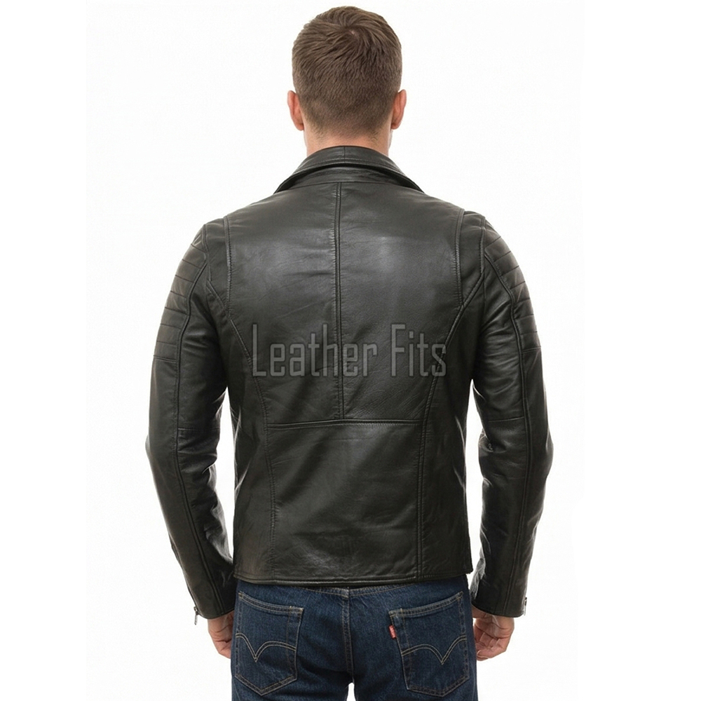 Men Black Leather Biker Jacket | Genuine Sheepskin Asymmetric Motorcycle Coat | Premium Quilted Shoulder Slanted Zipper Urban Rider Shell